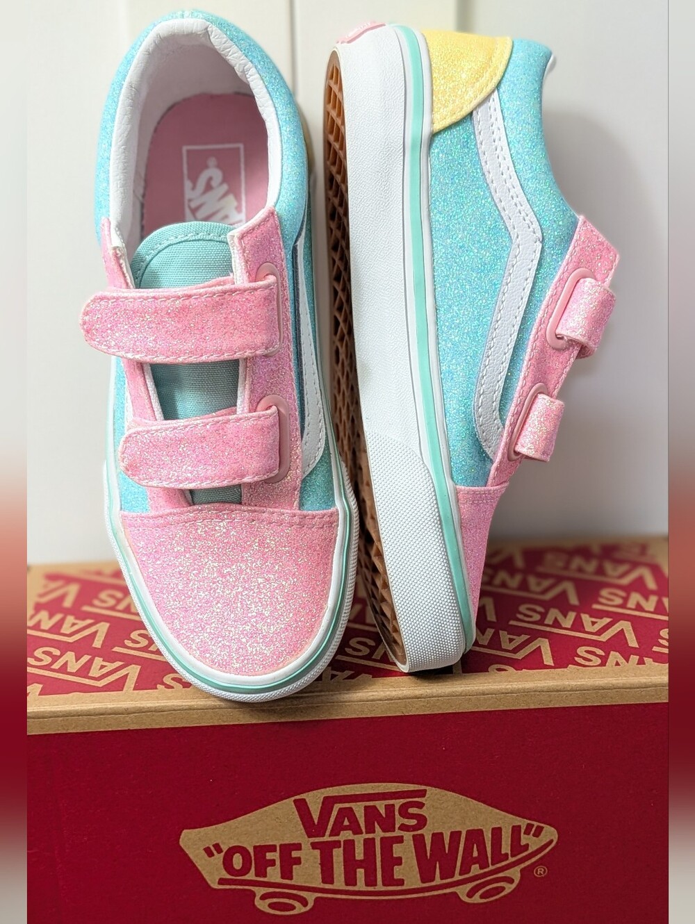 Vans Kids Pastel Glitter Velcro Skate Shoes - Little Kid Size 1